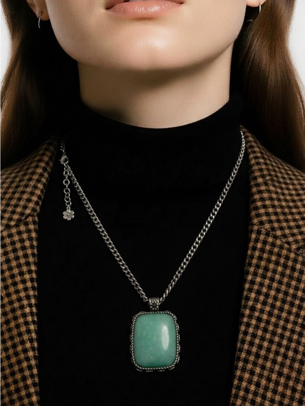 Lucky Brand Silver Tone Chain Rectangle Green Amazonite Stone Pendant